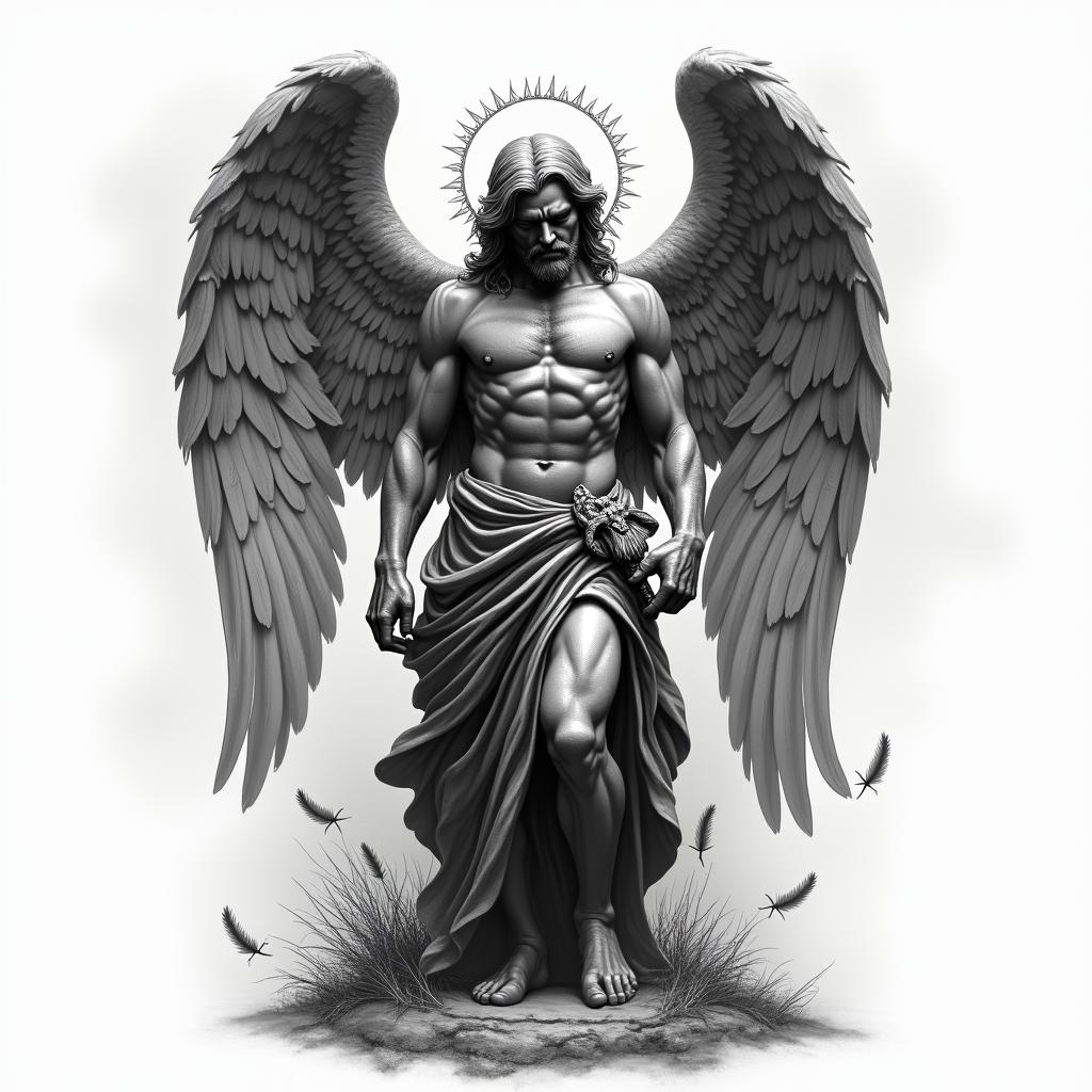Black and gray tattoo design of a powerful, masculine fallen angel positioned across the shoulder and upper bicep. The angel has large, detailed feathered wings—partially folded or slightly tattered—extending around the shoulder cap. He is standing or kneeling with a calm, unreadable expression, wearing cracked armor or tattered robes, inspired by Michelangelo-style Renaissance sculpture. One hand may rest on a sword planted in the ground or hanging from his back. The background includes light smoke, subtle falling feathers, and faint cracks in the earth or stone texture. Optional detail: a barely visible cracked halo behind his head, and a small scripture or Latin quote hidden along a feather or robe. The shading is realistic, dramatic, and sculptural—designed to flow with upper arm anatomy and connect into future chest or back tattoohigly detailed tattoo
