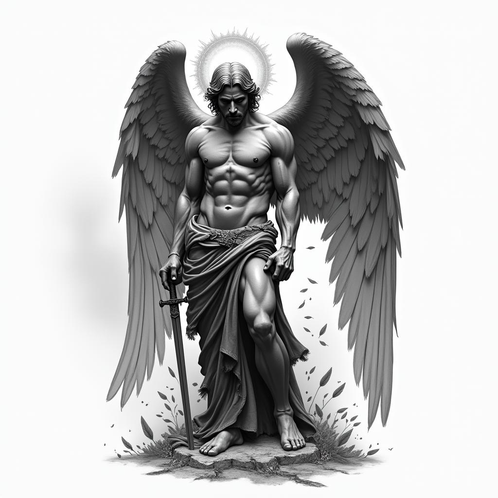 Black and gray tattoo design of a powerful, masculine fallen angel positioned across the shoulder and upper bicep. The angel has large, detailed feathered wings—partially folded or slightly tattered—extending around the shoulder cap. He is standing or kneeling with a calm, unreadable expression, wearing cracked armor or tattered robes, inspired by Michelangelo-style Renaissance sculpture. One hand may rest on a sword planted in the ground or hanging from his back. The background includes light smoke, subtle falling feathers, and faint cracks in the earth or stone texture. Optional detail: a barely visible cracked halo behind his head, and a small scripture or Latin quote hidden along a feather or robe. The shading is realistic, dramatic, and sculptural—designed to flow with upper arm anatomy and connect into future chest or back tattoohigly detailed tattoo - Variation 4