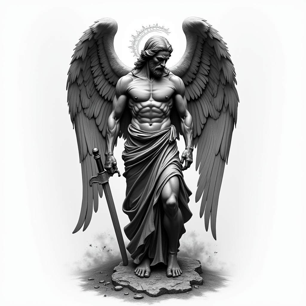 Black and gray tattoo design of a powerful, masculine fallen angel positioned across the shoulder and upper bicep. The angel has large, detailed feathered wings—partially folded or slightly tattered—extending around the shoulder cap. He is standing or kneeling with a calm, unreadable expression, wearing cracked armor or tattered robes, inspired by Michelangelo-style Renaissance sculpture. One hand may rest on a sword planted in the ground or hanging from his back. The background includes light smoke, subtle falling feathers, and faint cracks in the earth or stone texture. Optional detail: a barely visible cracked halo behind his head, and a small scripture or Latin quote hidden along a feather or robe. The shading is realistic, dramatic, and sculptural—designed to flow with upper arm anatomy and connect into future chest or back tattoohigly detailed tattoo - Variation 3