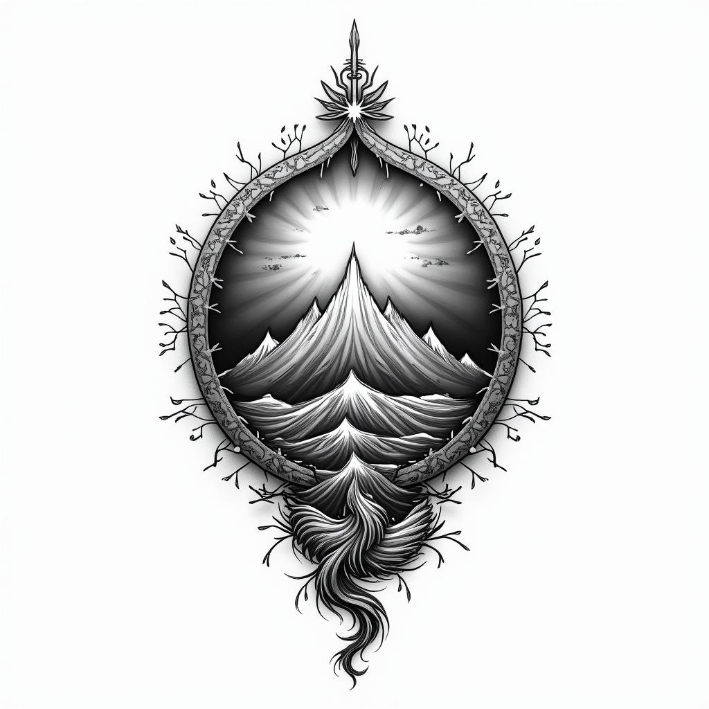 A powerful, monochrome tattoo design symbolizing resilience and the journey of life. Elements include abstract representations of landmasses to symbolize exploration, waves or water to signify the sea, and an emblem of strength, like a phoenix or mountain, representing an unbreakable spirit. The overall composition should convey themes of struggle against epilepsy, the importance of personal growth, and the strength drawn from both victories and challenges, all while maintaining a sense of journey and hope for the future.higly detailed tattoo - Variation 4