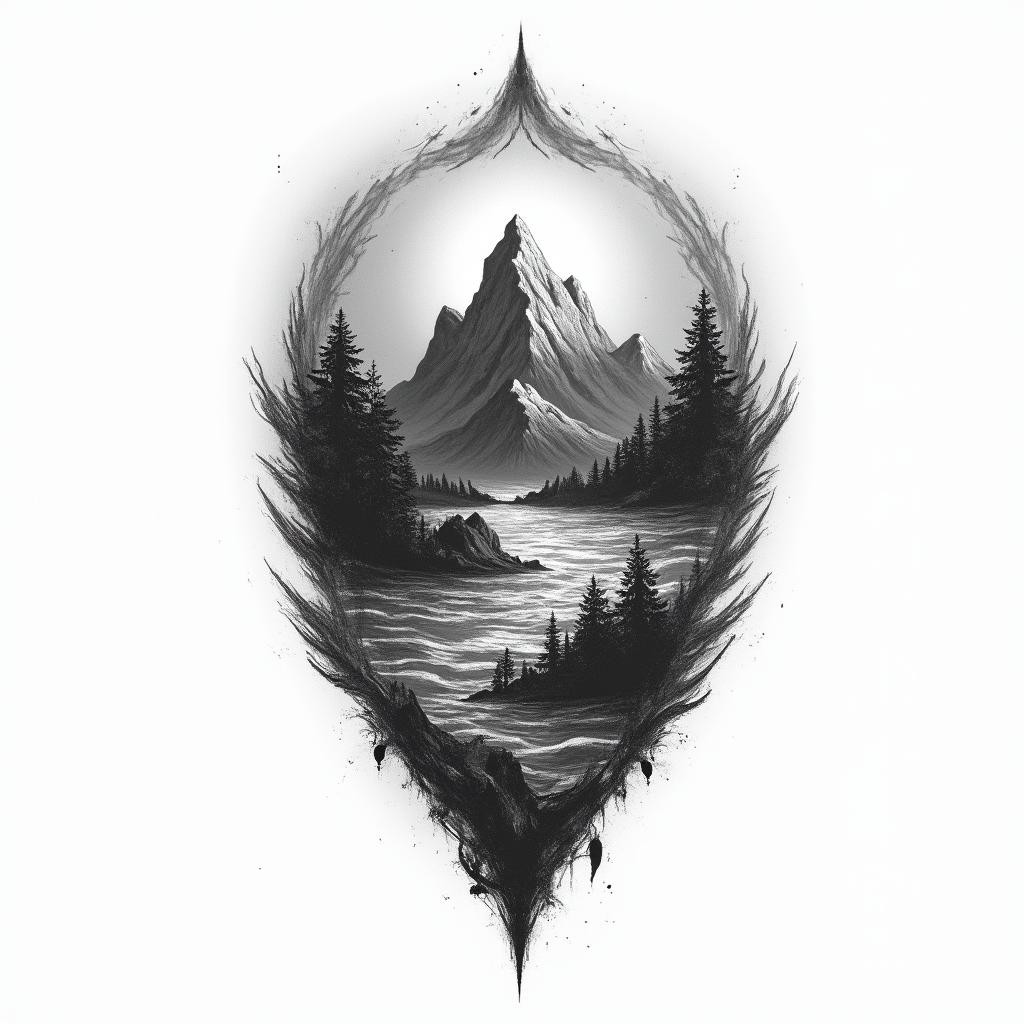 A powerful, monochrome tattoo design symbolizing resilience and the journey of life. Elements include abstract representations of landmasses to symbolize exploration, waves or water to signify the sea, and an emblem of strength, like a phoenix or mountain, representing an unbreakable spirit. The overall composition should convey themes of struggle against epilepsy, the importance of personal growth, and the strength drawn from both victories and challenges, all while maintaining a sense of journey and hope for the future.higly detailed tattoo