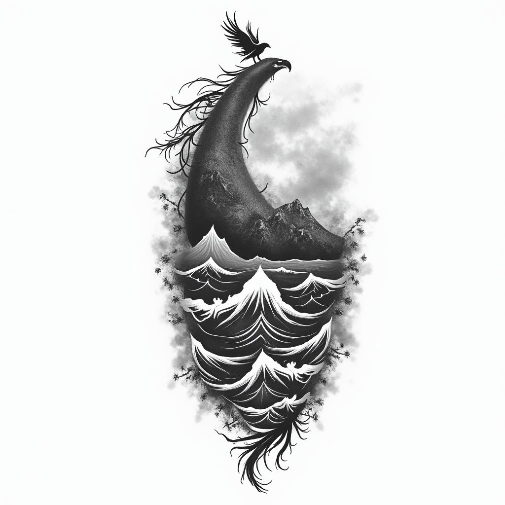 A powerful, monochrome tattoo design symbolizing resilience and the journey of life. Elements include abstract representations of landmasses to symbolize exploration, waves or water to signify the sea, and an emblem of strength, like a phoenix or mountain, representing an unbreakable spirit. The overall composition should convey themes of struggle against epilepsy, the importance of personal growth, and the strength drawn from both victories and challenges, all while maintaining a sense of journey and hope for the future.higly detailed tattoo - Variation 3