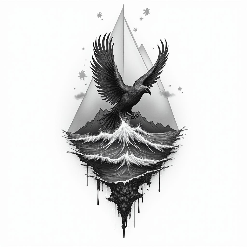 A powerful, monochrome tattoo design symbolizing resilience and the journey of life. Elements include abstract representations of landmasses to symbolize exploration, waves or water to signify the sea, and an emblem of strength, like a phoenix or mountain, representing an unbreakable spirit. The overall composition should convey themes of struggle against epilepsy, the importance of personal growth, and the strength drawn from both victories and challenges, all while maintaining a sense of journey and hope for the future.higly detailed tattoo - Variation 2