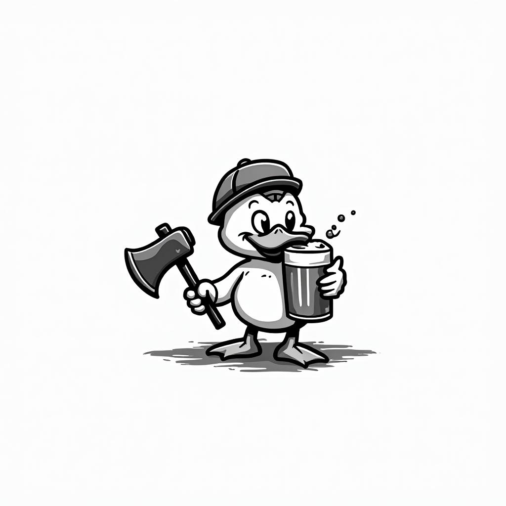 Cartoon duck carrying a pint of beer and an woodcutter axein 8-bit tattoo style, minimalistic pixel style tattoo, pixel art with simplified shapes and retro gaming visuals, inspired by 8-bit pixel based detailing - Variation 2
