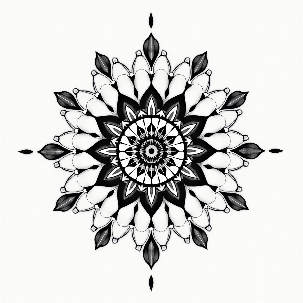 Flower of life geometry long in geometric style tattoo, blending hexagons, mandala-inspired patterns, symmetrical and fractal design, clean lines, sharp angles