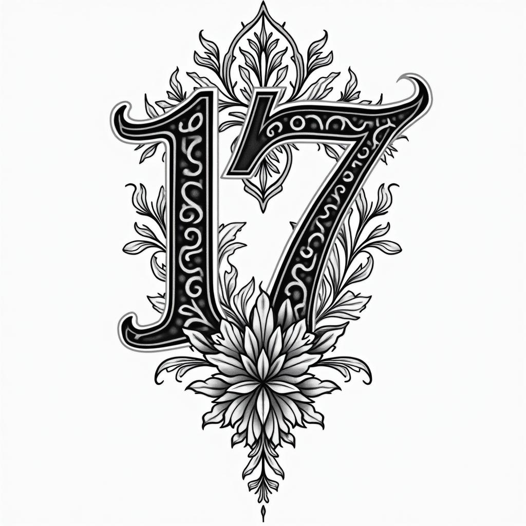 Number 17in ornamental tattoo style, featuring intricate symmetrical patterns and floral designs, showcasing highly detailed line work and geometric shapes, creating a sense of elegance and balance - Variation 3