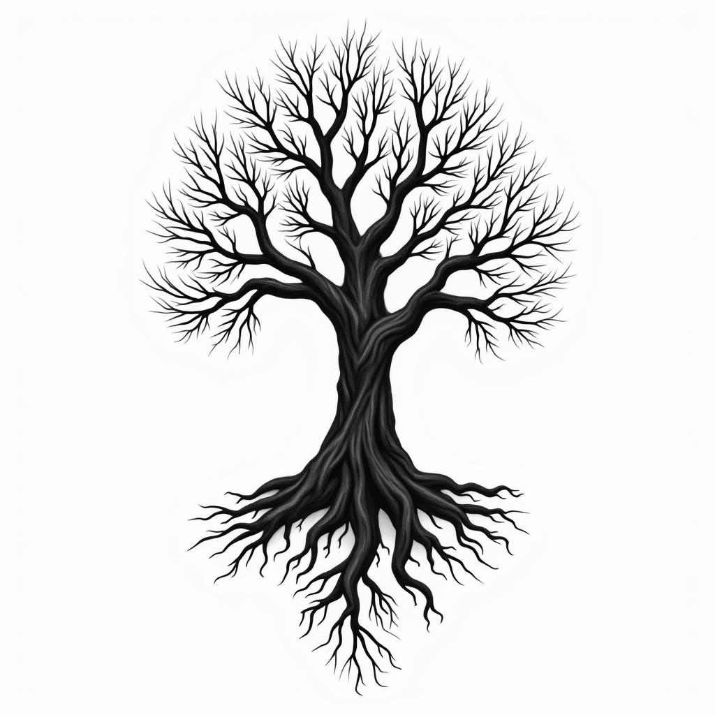 Eery Tree with 4 main roots and 6 brancheshigly detailed tattoo - Variation 3