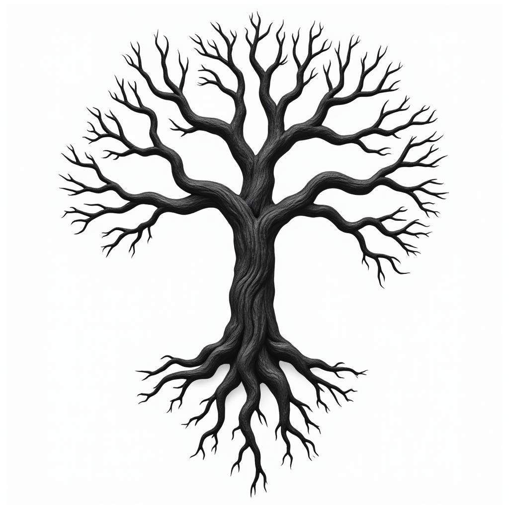 Eery Tree with 4 main roots and 6 brancheshigly detailed tattoo - Variation 2