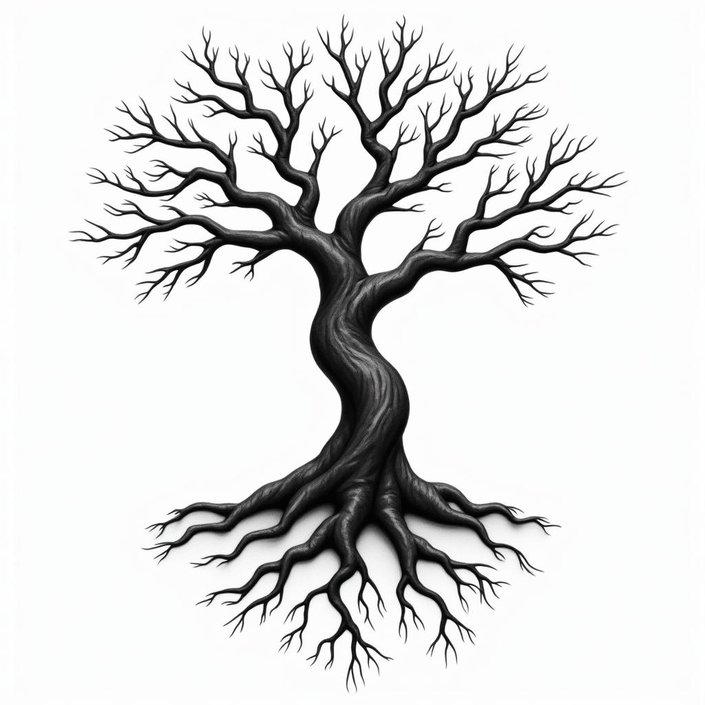 Eery Tree with 4 main roots and 6 brancheshigly detailed tattoo