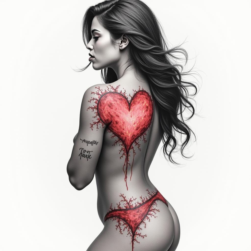 A strong female figure symbolizing personal strength, featuring a light red patched heart with the word "resilience" integrated into the design, showcasing a theme of healing and empowerment.higly detailed tattoo - Variation 3
