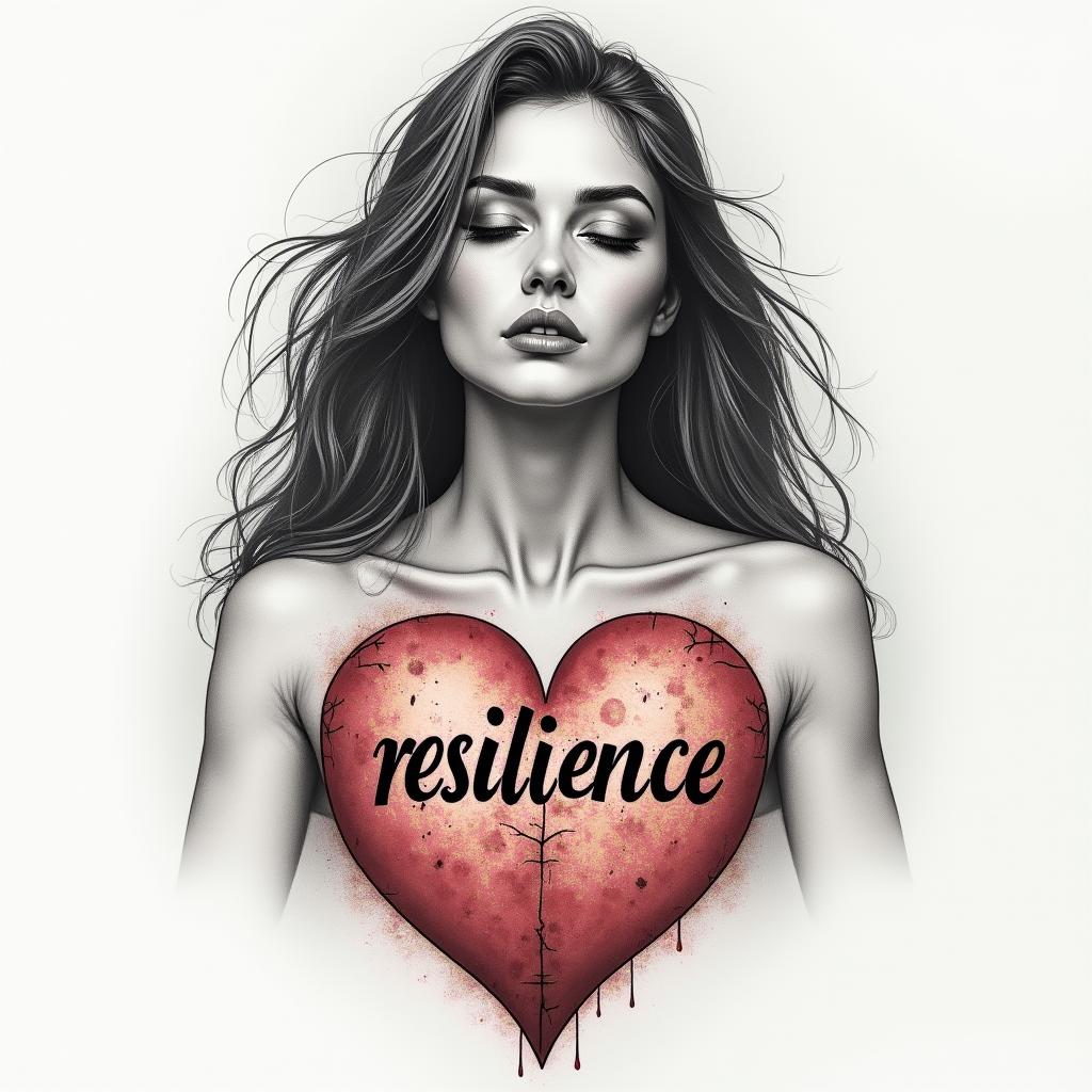 A strong female figure symbolizing personal strength, featuring a light red patched heart with the word "resilience" integrated into the design, showcasing a theme of healing and empowerment.higly detailed tattoo - Variation 4