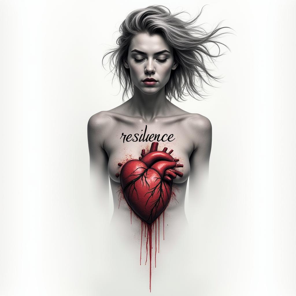 A strong female figure symbolizing personal strength, featuring a light red patched heart with the word "resilience" integrated into the design, showcasing a theme of healing and empowerment.higly detailed tattoo