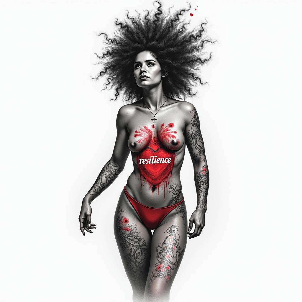 A strong female figure symbolizing personal strength, featuring a light red patched heart with the word "resilience" integrated into the design, showcasing a theme of healing and empowerment.higly detailed tattoo - Variation 2