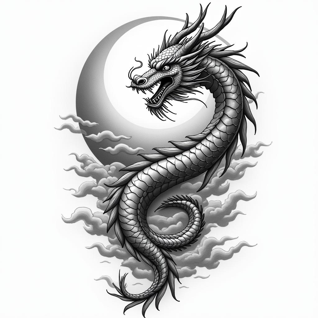 Japanese dragon with background of rising sunin japanese style tattoo, detailed tattoo, traditional japanese culture tattoo, mythology, 8k
