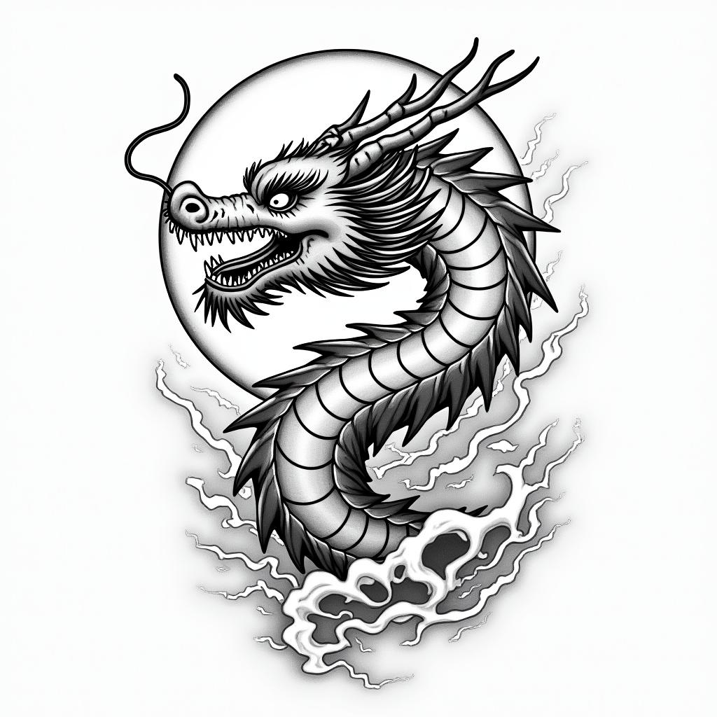 Japanese dragon with background of rising sunin japanese style tattoo, detailed tattoo, traditional japanese culture tattoo, mythology, 8k - Variation 3