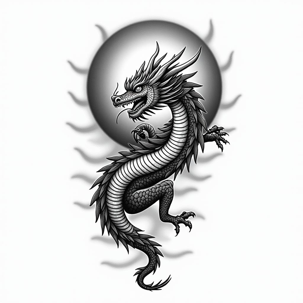 Japanese dragon with background of rising sunin japanese style tattoo, detailed tattoo, traditional japanese culture tattoo, mythology, 8k - Variation 2