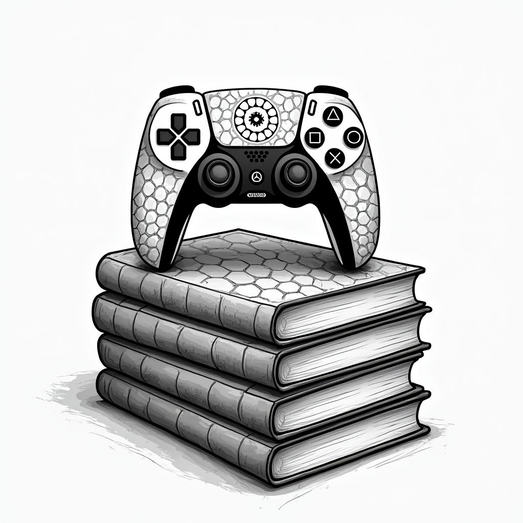 PS5 controller on top of a pile of books in geometric style tattoo, blending hexagons, mandala-inspired patterns, symmetrical and fractal design, clean lines, sharp angles - Variation 3