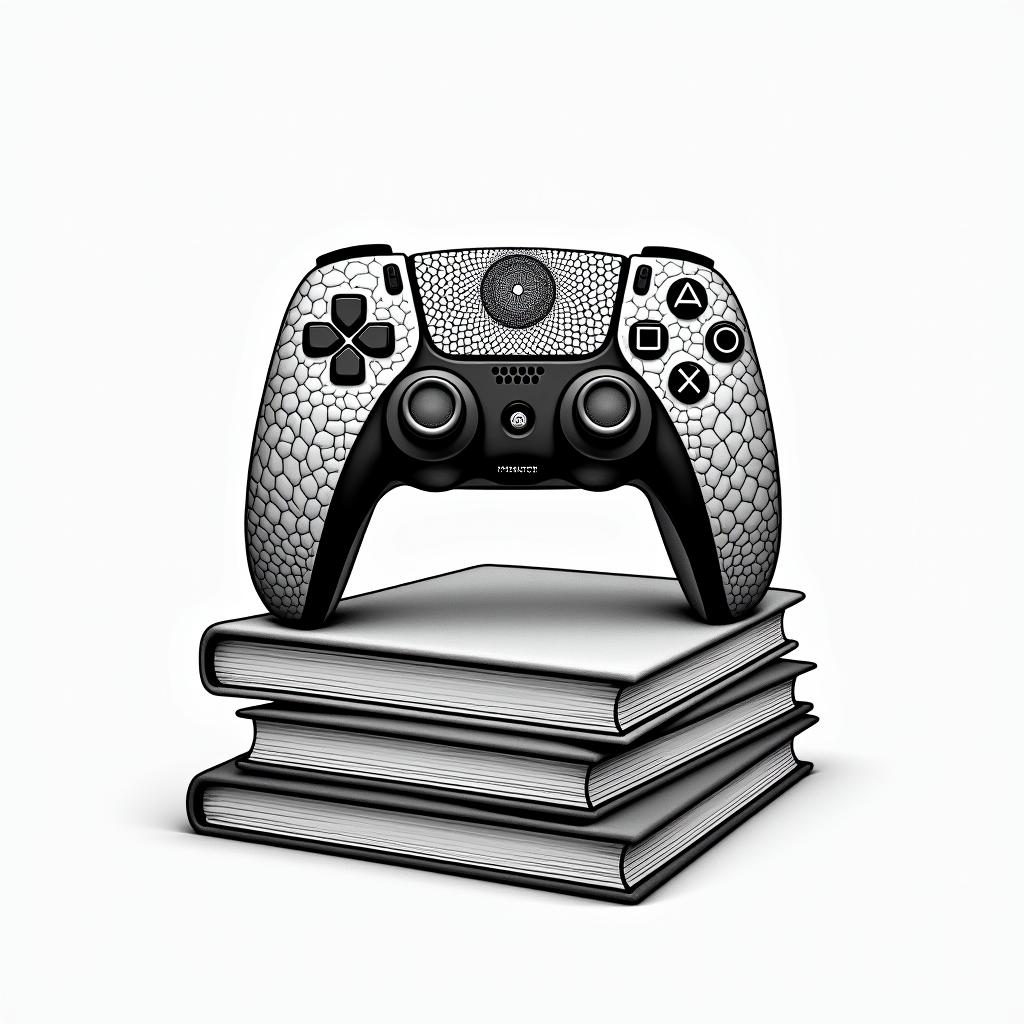 PS5 controller on top of a pile of books in geometric style tattoo, blending hexagons, mandala-inspired patterns, symmetrical and fractal design, clean lines, sharp angles - Variation 2
