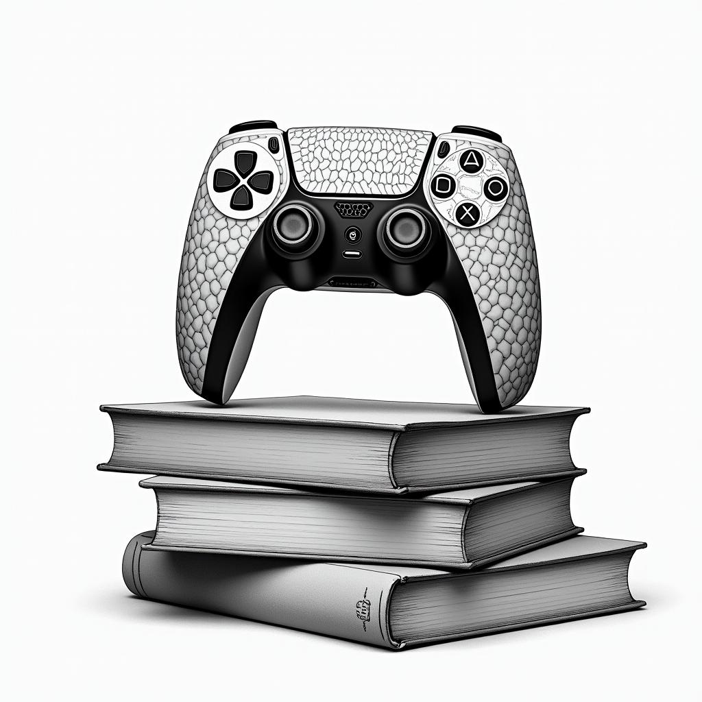 PS5 controller on top of a pile of books  in geometric style tattoo, blending hexagons, mandala-inspired patterns, symmetrical and fractal design, clean lines, sharp angles