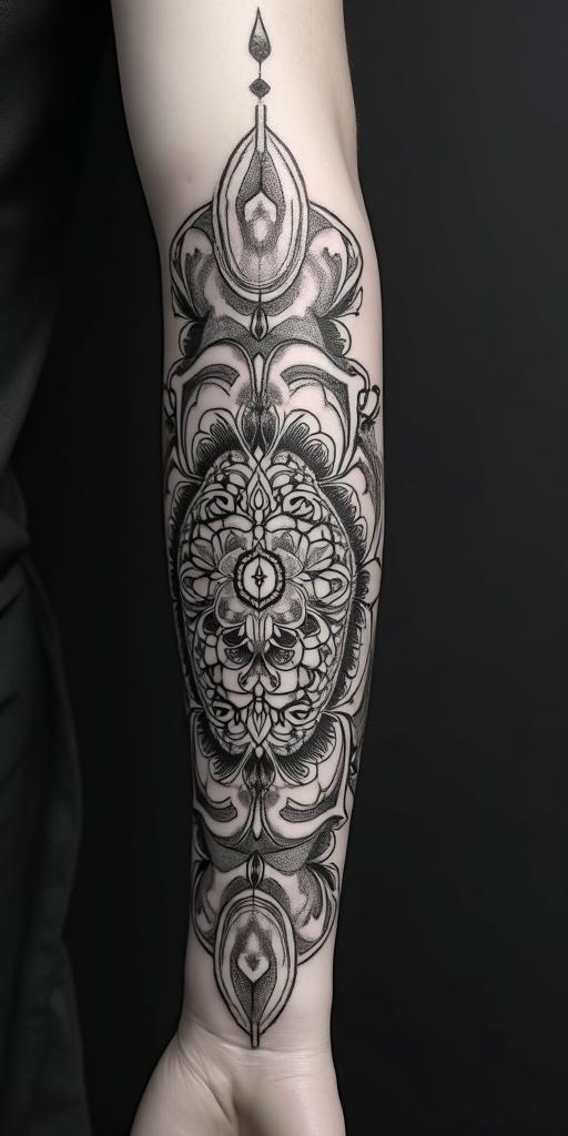 A symbol of strength that reflects my love for my siblings and shows that I do not give up and am a Christian.in dotwork style tattoo, complex mandala patterns, interlocking geometric shapes with sharp symmetry, clean lines, sharp angles