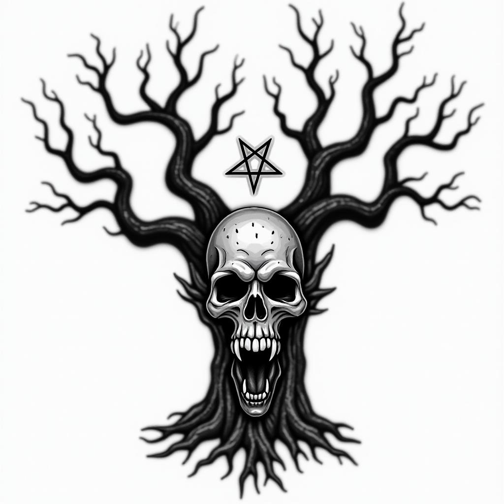 Eery Tree with 4 main roots and 6 branchescreepy horror tattoo style, featuring an eerie and unsettling skull of a demonic creature, distorted face with sharp fangs, add pentagram symbol - Variation 2