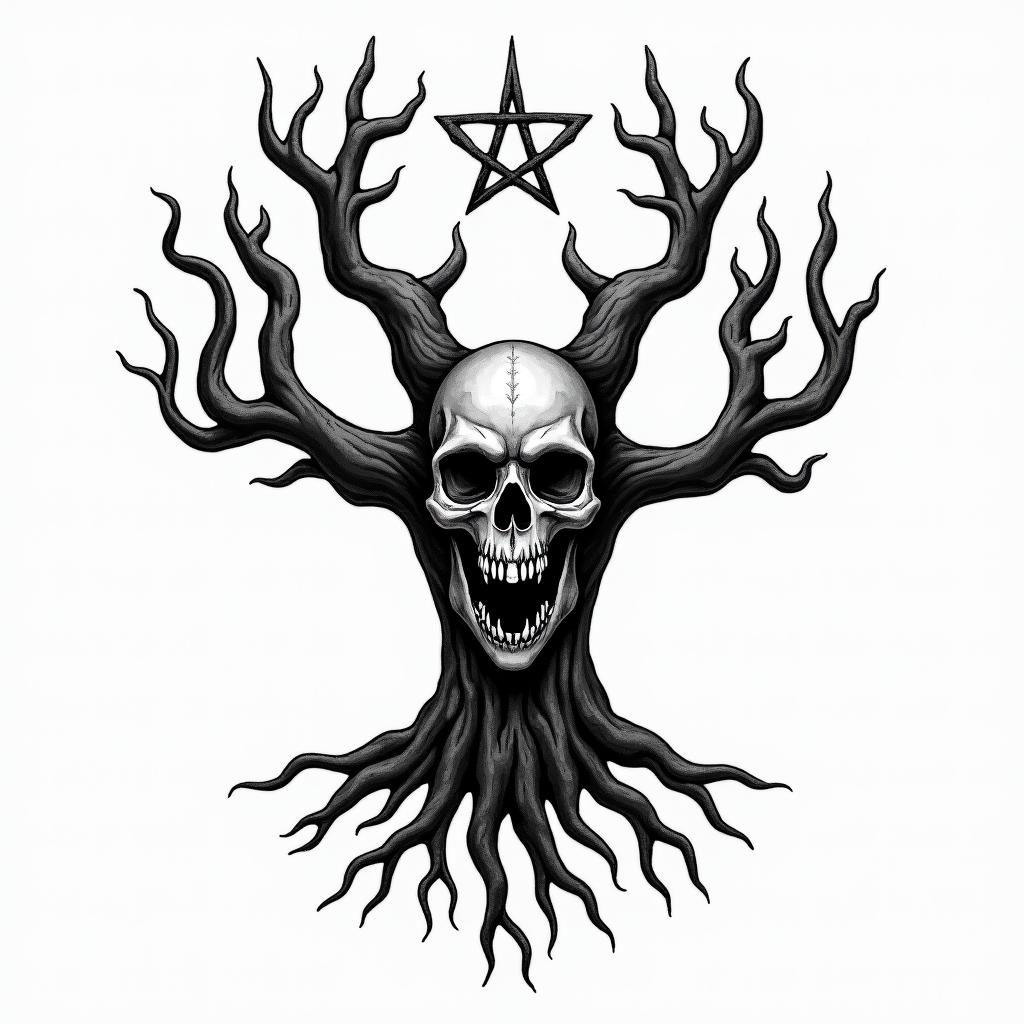 Eery Tree with 4 main roots and 6 branchescreepy horror tattoo style, featuring an eerie and unsettling skull of a demonic creature, distorted face with sharp fangs, add pentagram symbol - Variation 3
