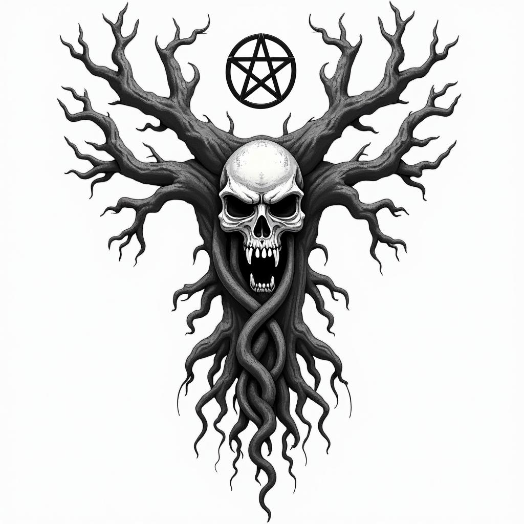 Eery Tree with 4 main roots and 6 branchescreepy horror tattoo style, featuring an eerie and unsettling skull of a demonic creature, distorted face with sharp fangs, add pentagram symbol - Variation 4