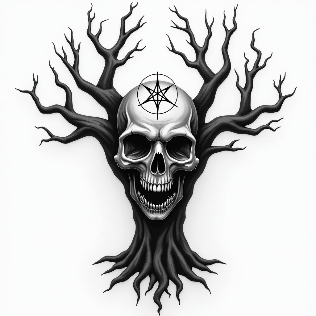 Eery Tree with 4 main roots and 6 branchescreepy horror tattoo style, featuring an eerie and unsettling skull of a demonic creature, distorted face with sharp fangs, add pentagram symbol