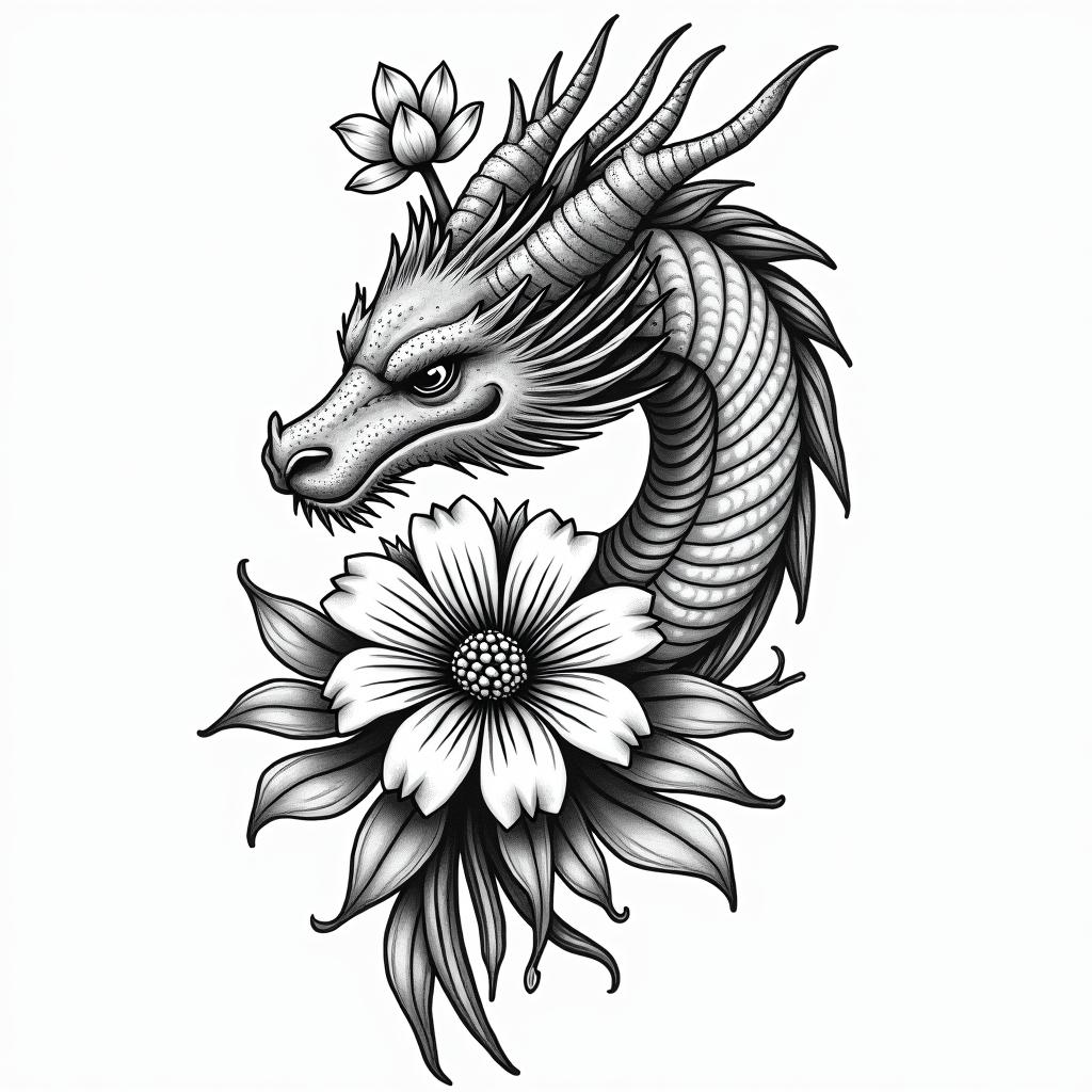 a dragon and flowersin authentic tattoo style, incorporating traditional modifications, bold black outlines, solid color fills, featuring classic authentic elements - Variation 3
