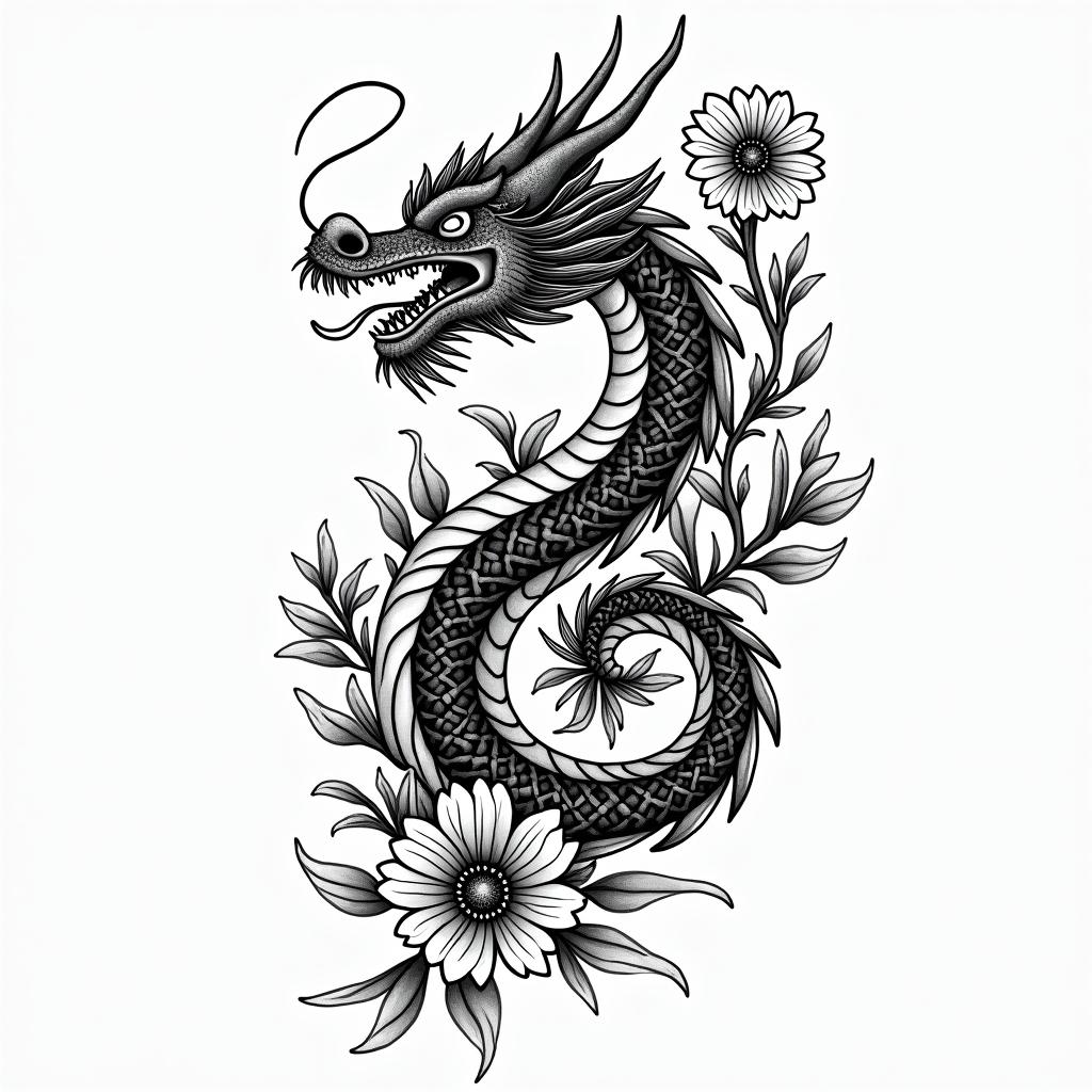 a dragon and flowersin authentic tattoo style, incorporating traditional modifications, bold black outlines, solid color fills, featuring classic authentic elements - Variation 2