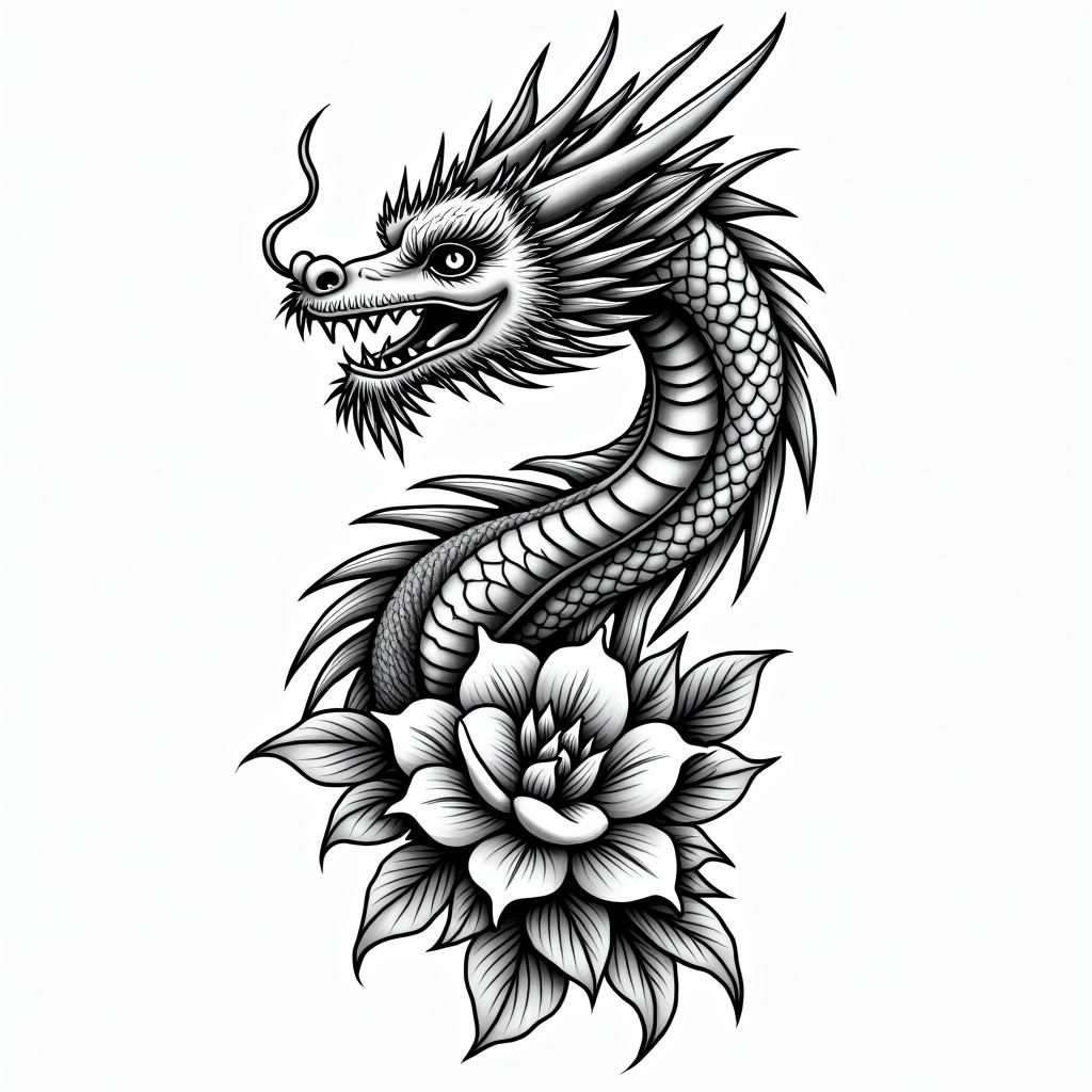 a dragon and flowersin authentic tattoo style, incorporating traditional modifications, bold black outlines, solid color fills, featuring classic authentic elements