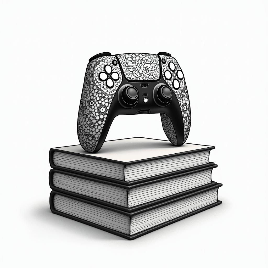 PS5 controller on top of a pile of books in dotwork style tattoo, complex mandala patterns, interlocking geometric shapes with sharp symmetry, clean lines, sharp angles - Variation 6