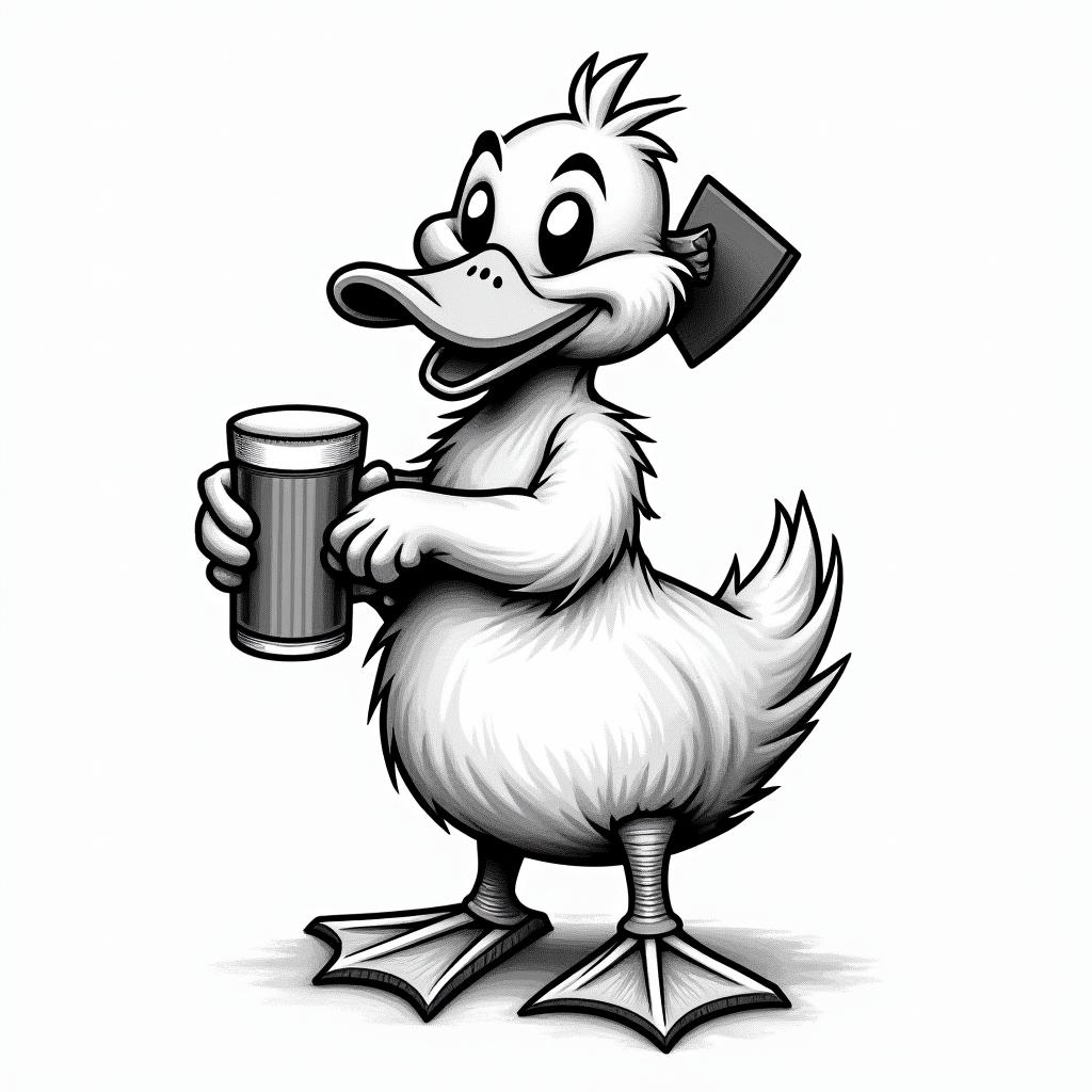 Cartoon duck carrying a pint of beer and an woodcutter axein new school tattoo, pop culture, modern, detailed tattoo, illustrative - Variation 2