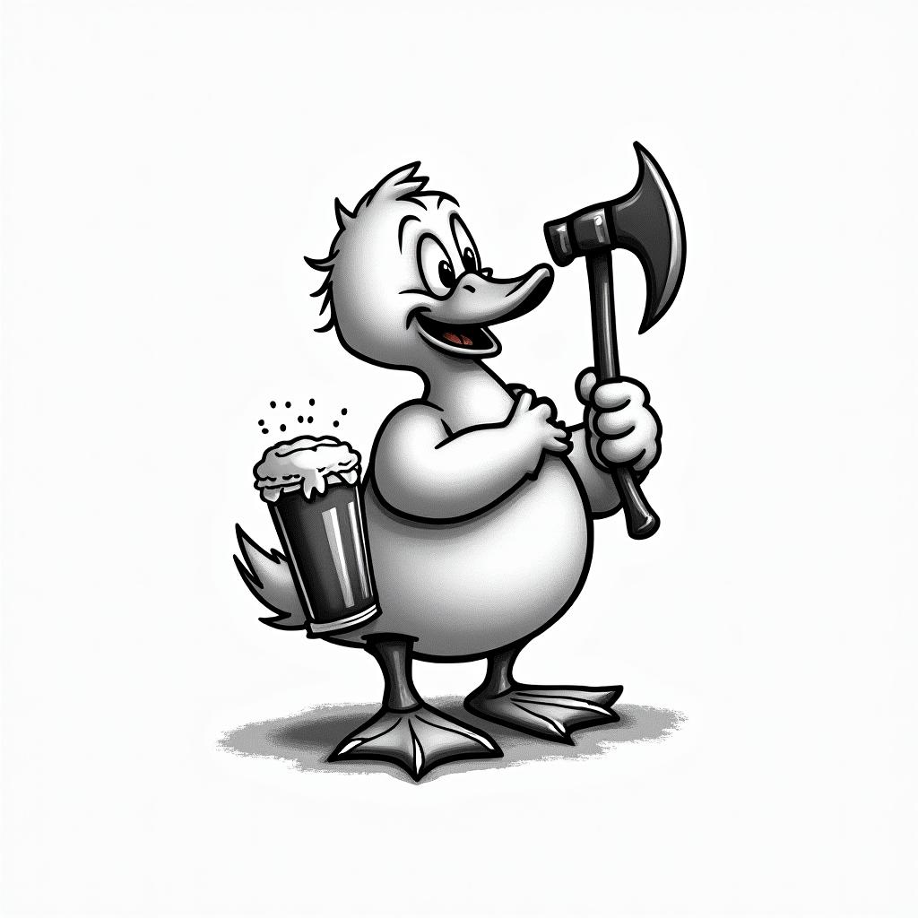 Cartoon duck carrying a pint of beer and an woodcutter axein new school tattoo, pop culture, modern, detailed tattoo, illustrative