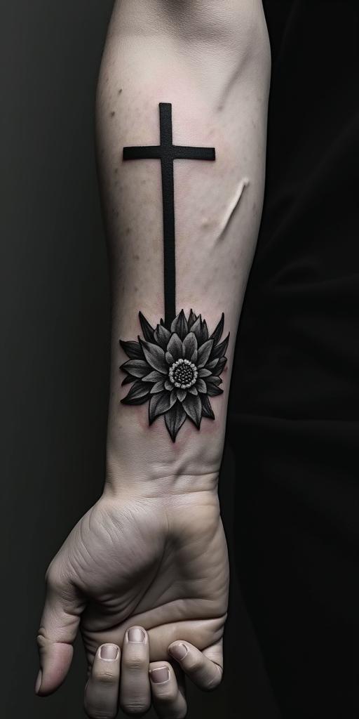 A sign of strength that reflects my love for my siblings and shows that I will not give up and am a Christian.in realism tattoo style, featuring a highly detailed, lifelike, capturing every detail, photorealistic, ultra realistic, intricate shading, smooth and sharp,  