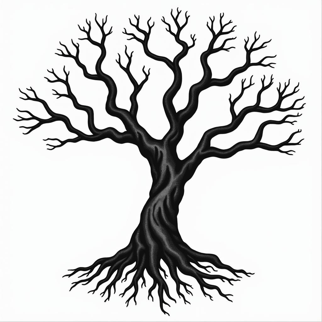 Eery Tree with 4 main roots and 6 branchesin authentic tattoo style, incorporating traditional modifications, bold black outlines, solid color fills, featuring classic authentic elements - Variation 4