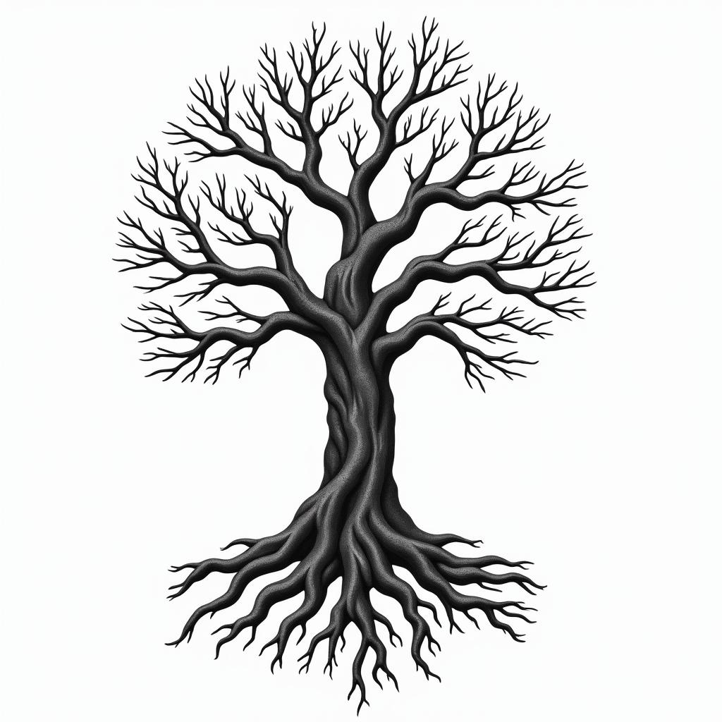Eery Tree with 4 main roots and 6 branchesin authentic tattoo style, incorporating traditional modifications, bold black outlines, solid color fills, featuring classic authentic elements - Variation 2