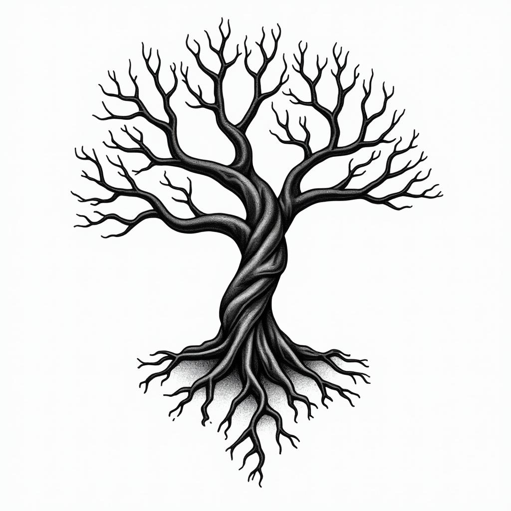 Eery Tree with 4 main roots and 6 branchesin authentic tattoo style, incorporating traditional modifications, bold black outlines, solid color fills, featuring classic authentic elements - Variation 3