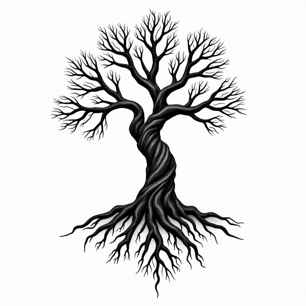 Eery Tree with 4 main roots and 6 branchesin authentic tattoo style, incorporating traditional modifications, bold black outlines, solid color fills, featuring classic authentic elements