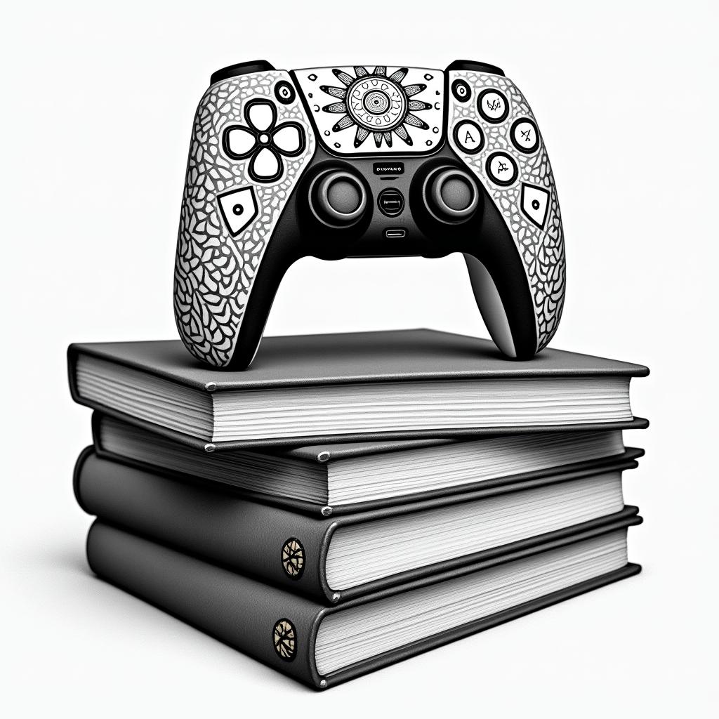 PS5 controller on top of a pile of books in dotwork style tattoo, complex mandala patterns, interlocking geometric shapes with sharp symmetry, clean lines, sharp angles