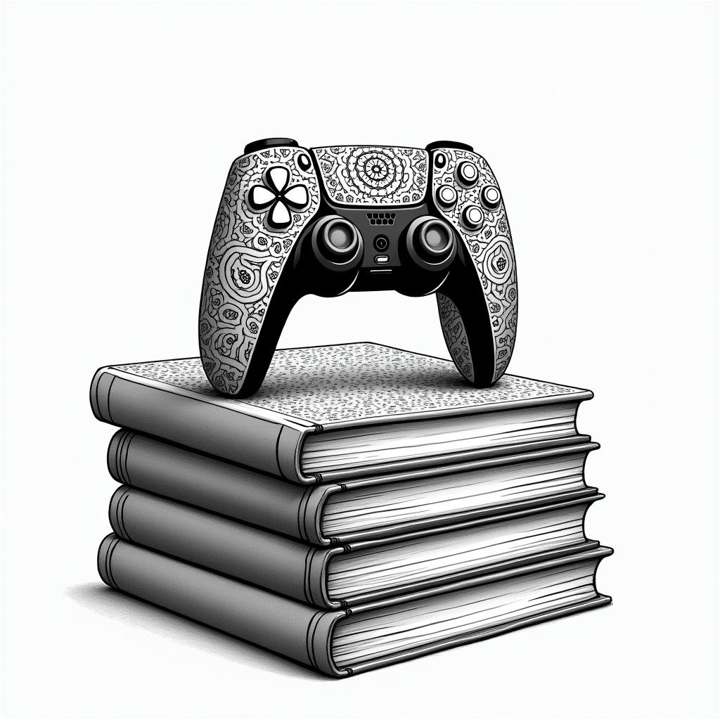 PS5 controller on top of a pile of books in dotwork style tattoo, complex mandala patterns, interlocking geometric shapes with sharp symmetry, clean lines, sharp angles - Variation 3