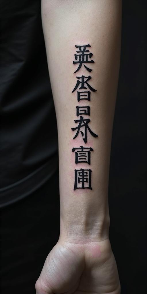 A symbol of strength that reflects my love for my siblings and shows that I do not give up and that I am a Christian.text-based tattoo, japanese font ultra-realistic, perfectly placed, high-quality font design, photo-realistic shading, 8k, high quality, finely detailed typograph - Variation 3