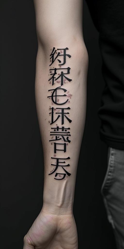 A symbol of strength that reflects my love for my siblings and shows that I do not give up and that I am a Christian.text-based tattoo, japanese font ultra-realistic, perfectly placed, high-quality font design, photo-realistic shading, 8k, high quality, finely detailed typograph - Variation 2