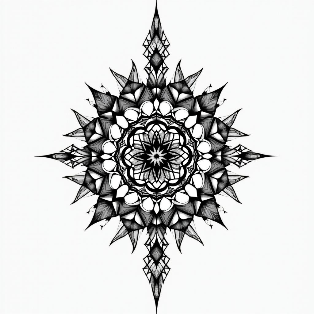 Get a geometry tatoo with sanskrit word in geometric style tattoo, blending hexagons, mandala-inspired patterns, symmetrical and fractal design, clean lines, sharp angles - Variation 3