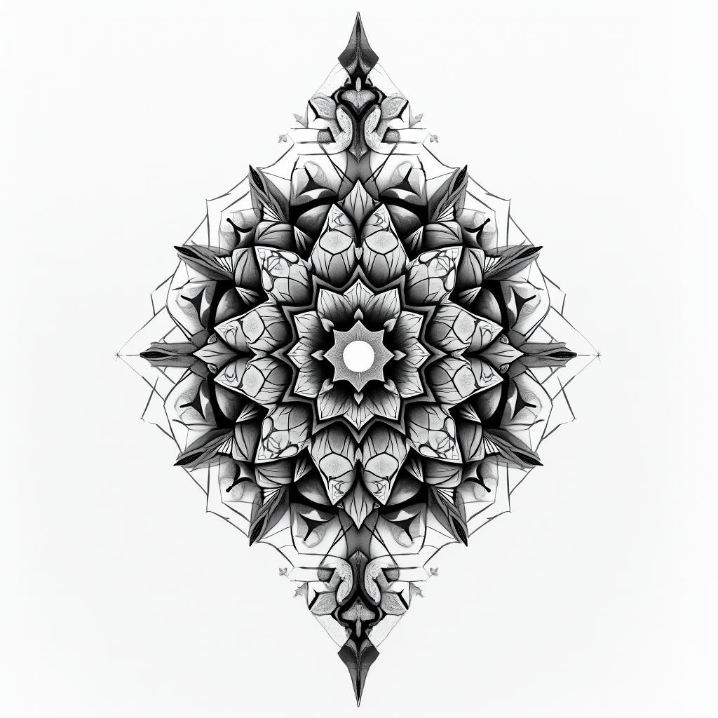Get a geometry tatoo with sanskrit word in geometric style tattoo, blending hexagons, mandala-inspired patterns, symmetrical and fractal design, clean lines, sharp angles - Variation 4