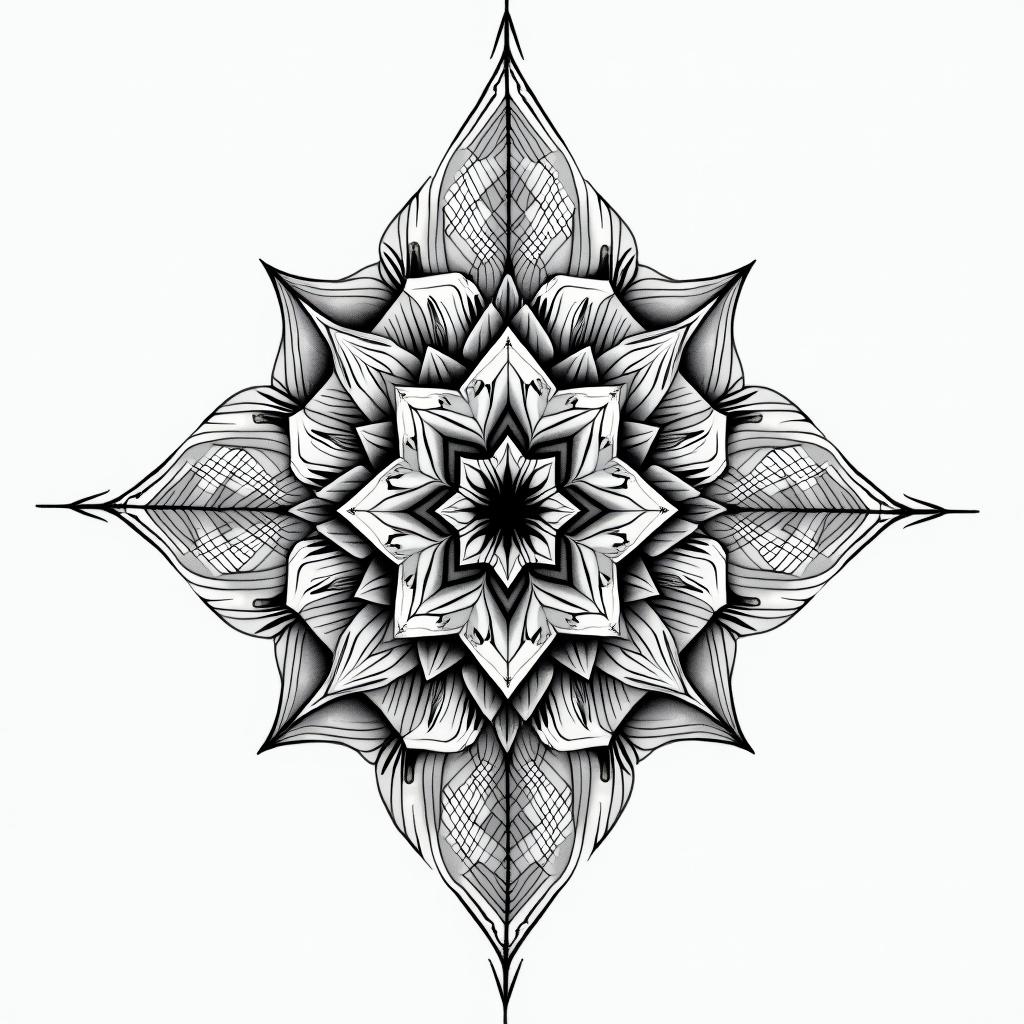 Get a geometry tatoo with sanskrit word in geometric style tattoo, blending hexagons, mandala-inspired patterns, symmetrical and fractal design, clean lines, sharp angles - Variation 2
