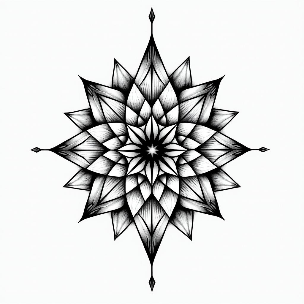 Get a geometry tatoo with sanskrit word in geometric style tattoo, blending hexagons, mandala-inspired patterns, symmetrical and fractal design, clean lines, sharp angles