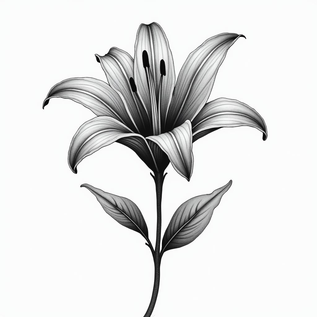 A grey shade tattoo design featuring a beautiful Lilly flower intertwined with the text "Dancing Queen" and the number 44, capturing a sense of joy and happy memories associated with family gatherings.higly detailed tattoo - Variation 4