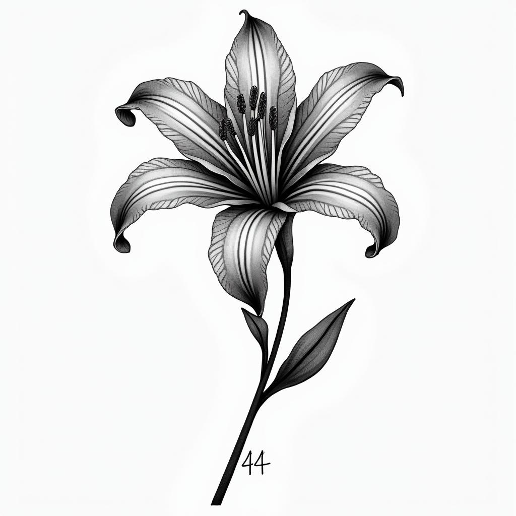 A grey shade tattoo design featuring a beautiful Lilly flower intertwined with the text "Dancing Queen" and the number 44, capturing a sense of joy and happy memories associated with family gatherings.higly detailed tattoo - Variation 3