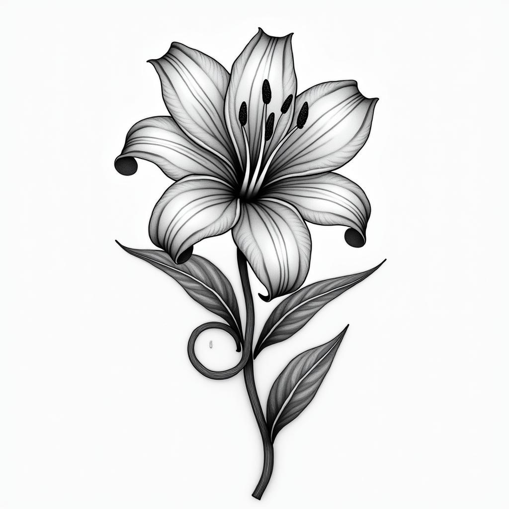 A grey shade tattoo design featuring a beautiful Lilly flower intertwined with the text "Dancing Queen" and the number 44, capturing a sense of joy and happy memories associated with family gatherings.higly detailed tattoo - Variation 2